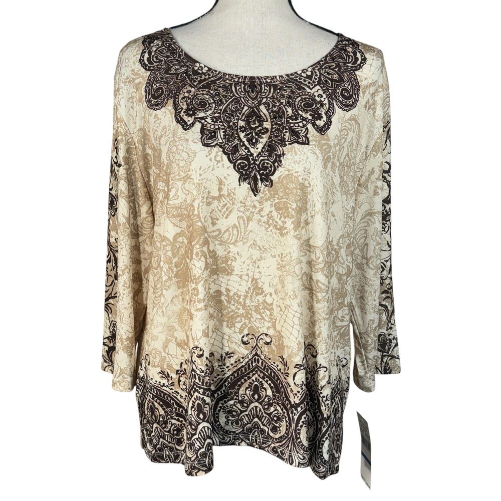 Alfred Dunner Petite X-Large Top Rhinestones Stretch 3/4 Sleeve Floral Side Slit
